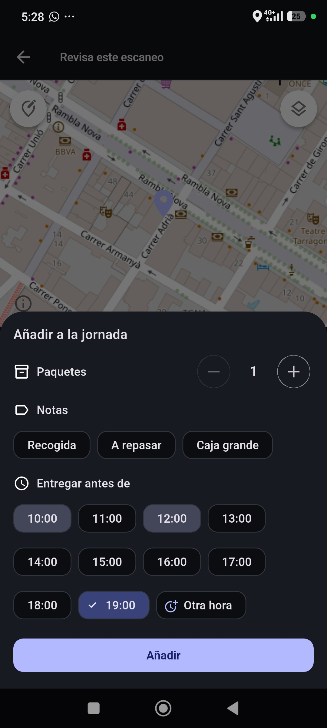 Añadir un paquete a la jornada del día