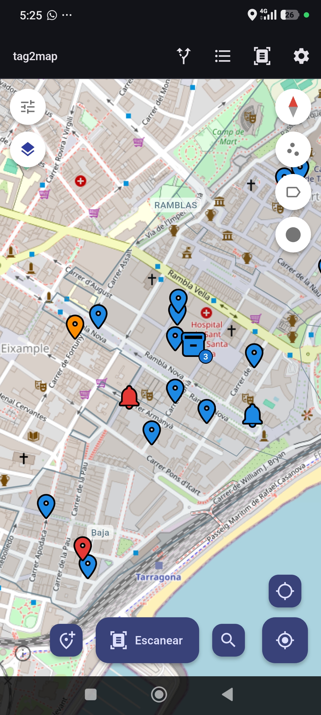 Ruta con paradas urgentes sobre el mapa de tag2map
