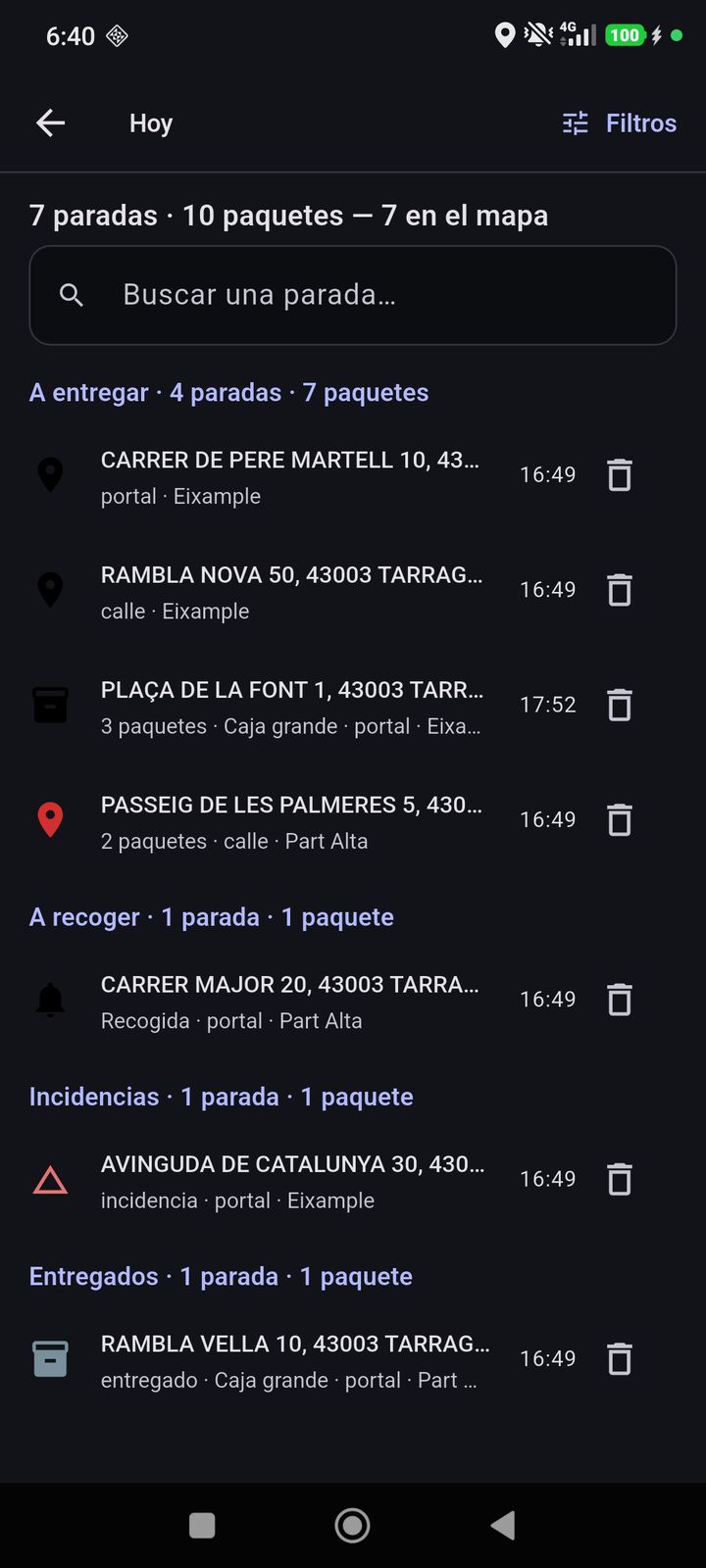 Listado «Hoy» con el resumen arriba y las secciones de paradas