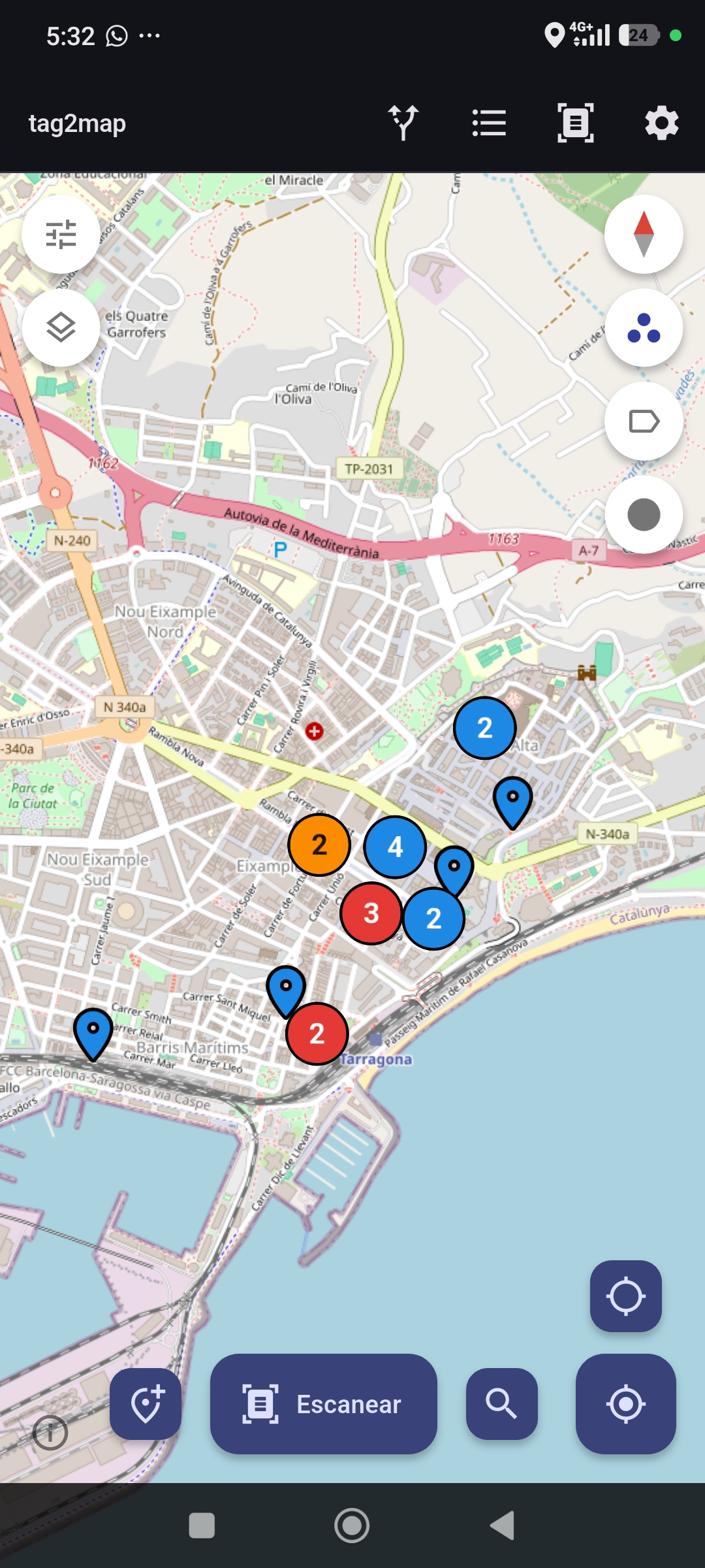 Paquetes situados en el mapa, agrupados por zonas